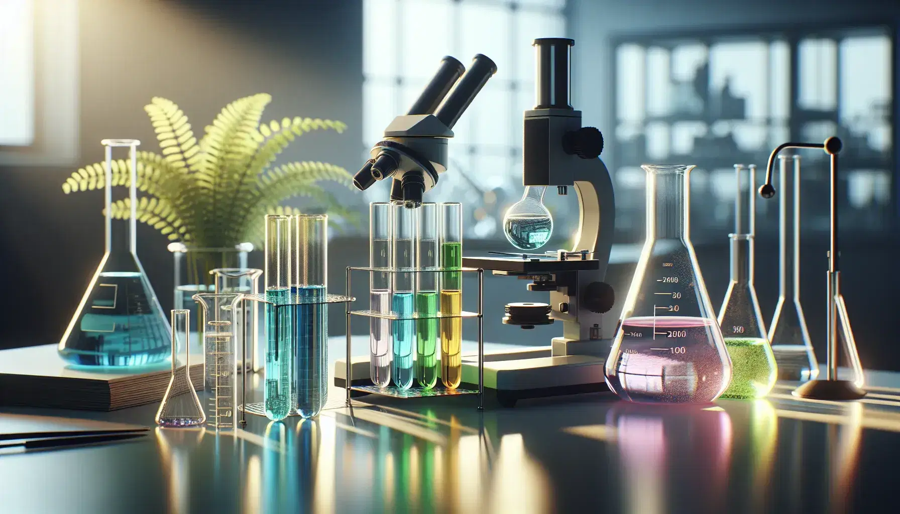 Laboratorio científico con tubos de ensayo de colores, microscopio, cilindro graduado y matraz en balanza digital, junto a planta en experimento biológico.