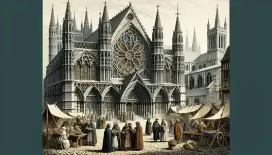 Gothic cathedral with pointed arches, flying buttresses and large rose window, paved square with merchants and scholars in medieval clothes.