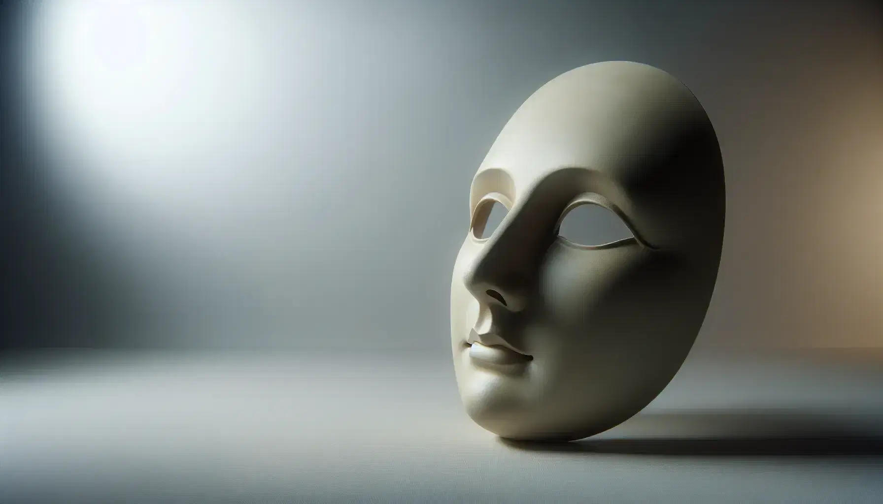Maschera teatrale tradizionale avorio con espressione fine, su sfondo grigio neutro, illuminata da sinistra con ombre morbide.