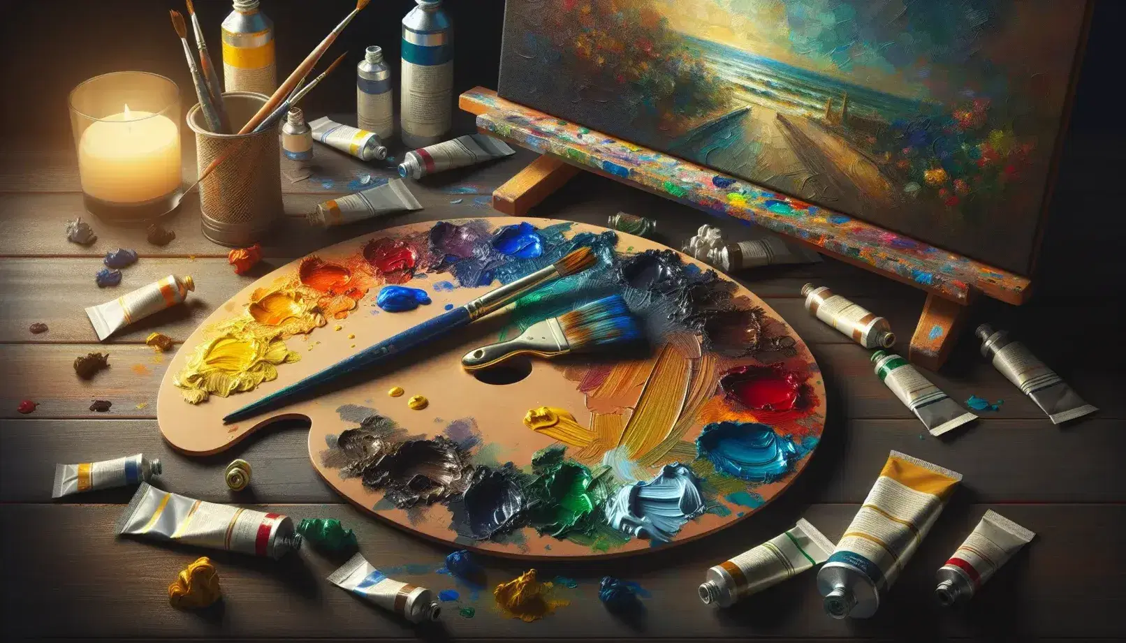 Tavolozza del pittore con macchie di colore vivaci, pennello con blu intenso e tubetti di pittura usati su fondo in legno, tela parzialmente dipinta.