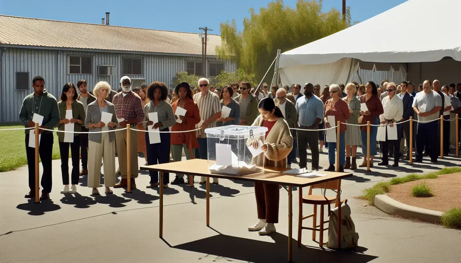 Multicultural voters queue at an outdoor polling station, with a Hispanic woman casting her ballot into a secure clear box on a sunny day.