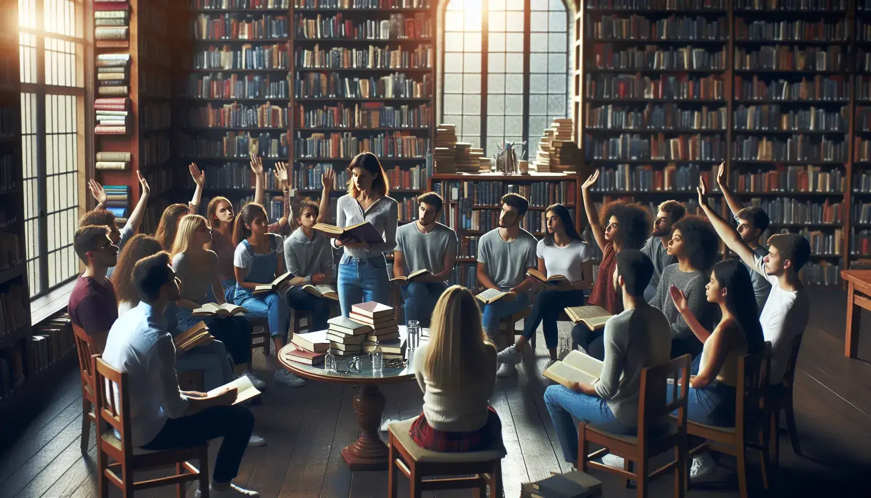 Grupo de estudiantes diversos atentos a una profesora que muestra un libro en una biblioteca iluminada naturalmente, con estantes llenos de libros y una mesa con libros y gafas en primer plano.