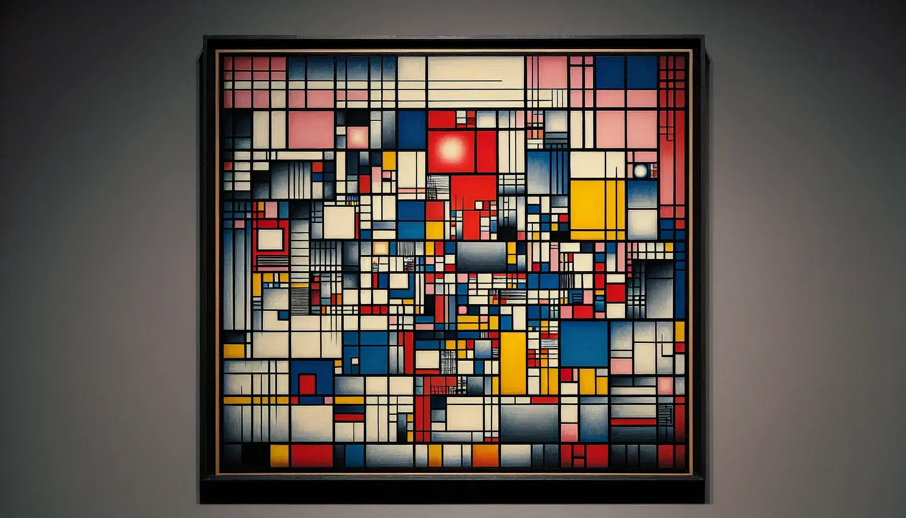 Opera astratta De Stijl con rettangolo centrale, griglia irregolare e blocchi colorati in rosso, blu, giallo, bianco e nero.