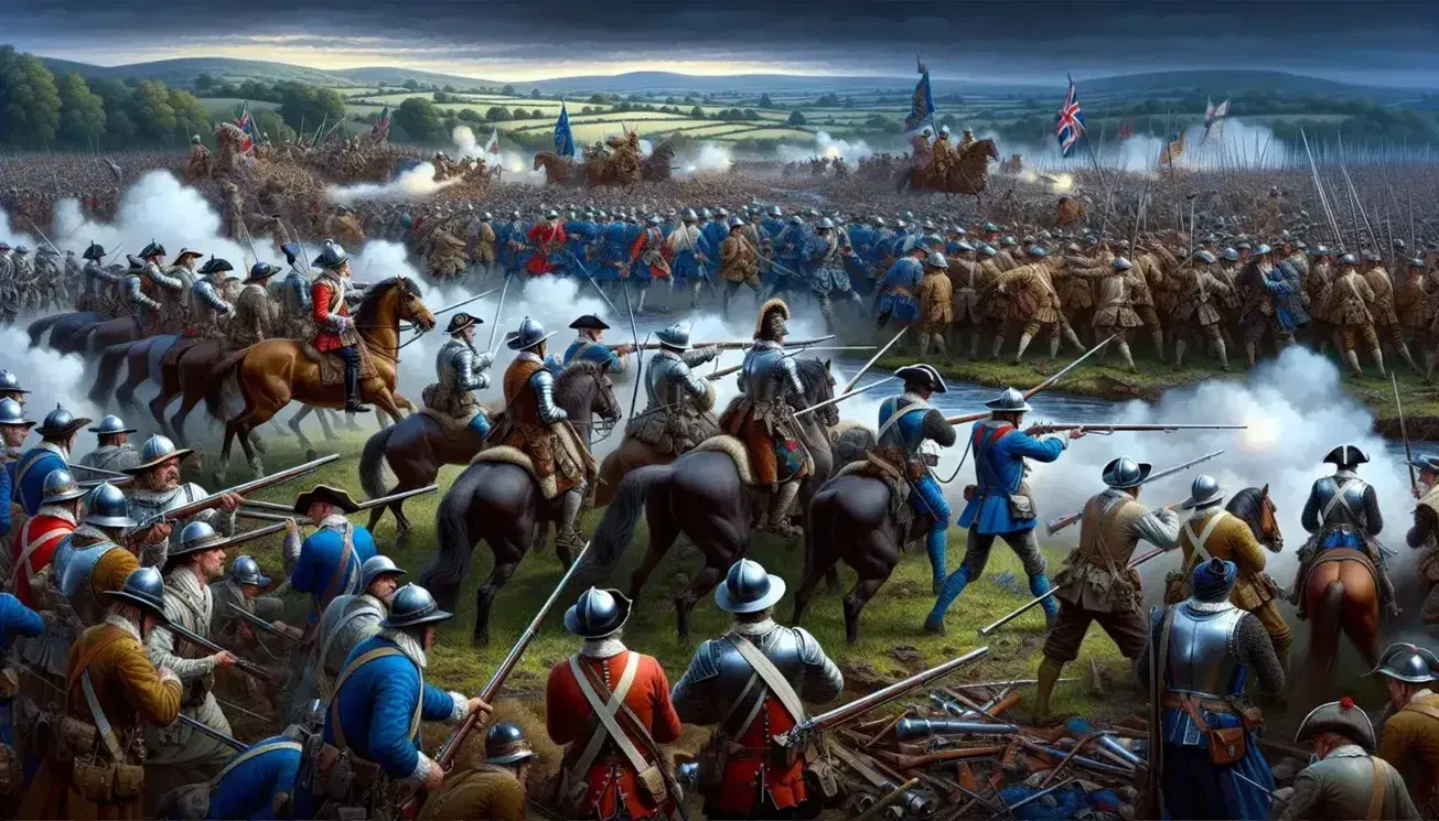 Seventeenth-century soldiers in blue, red, and brown uniforms engage in the Battle of Worcester, with muskets, pikes, and swords amid smoke and cavalry on a stormy English landscape.