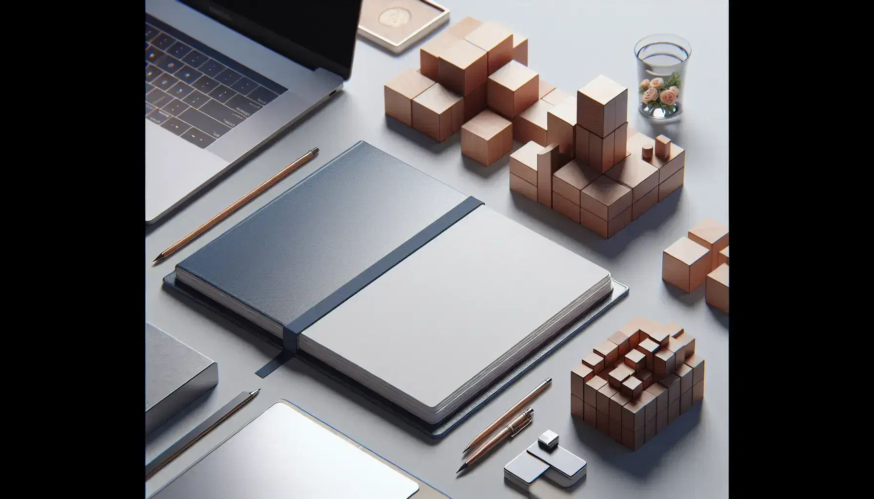 Organized desk with open dark blue cover notebook, bright silver laptop, stacked wooden blocks and vase of colorful flowers on coaster.