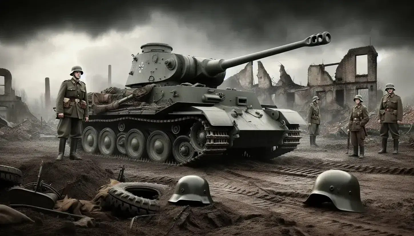 Carro armato della seconda guerra mondiale su terreno desolato con soldati in lontananza e rovine di edifici sullo sfondo.