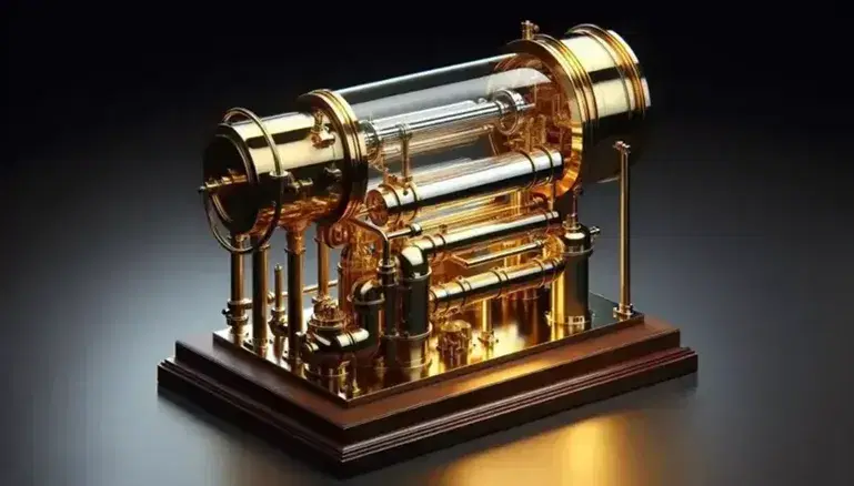 Polished brass cylindrical steam engine with glass section showing the internal piston, mounted on a dark wooden base.