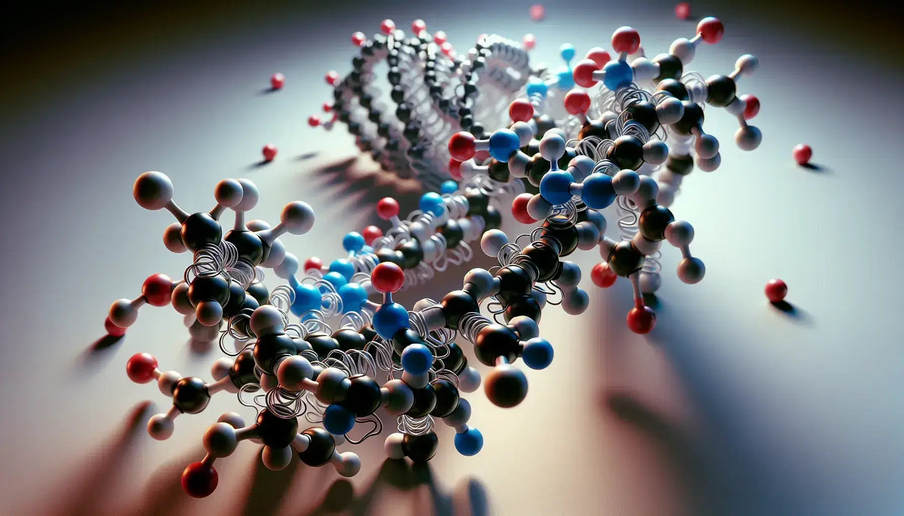Modelo molecular tridimensional de un péptido con esferas de colores que representan átomos de nitrógeno, oxígeno, carbono e hidrógeno, mostrando una estructura helicoidal.