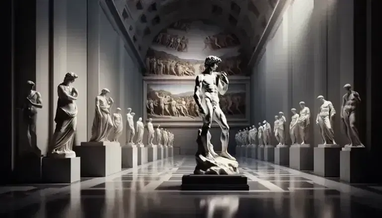Sculture in marmo bianco con replica del David di Michelangelo, Pietà e Tondo Doni, e rilievo della Cappella Sistina, illuminate dall'alto.