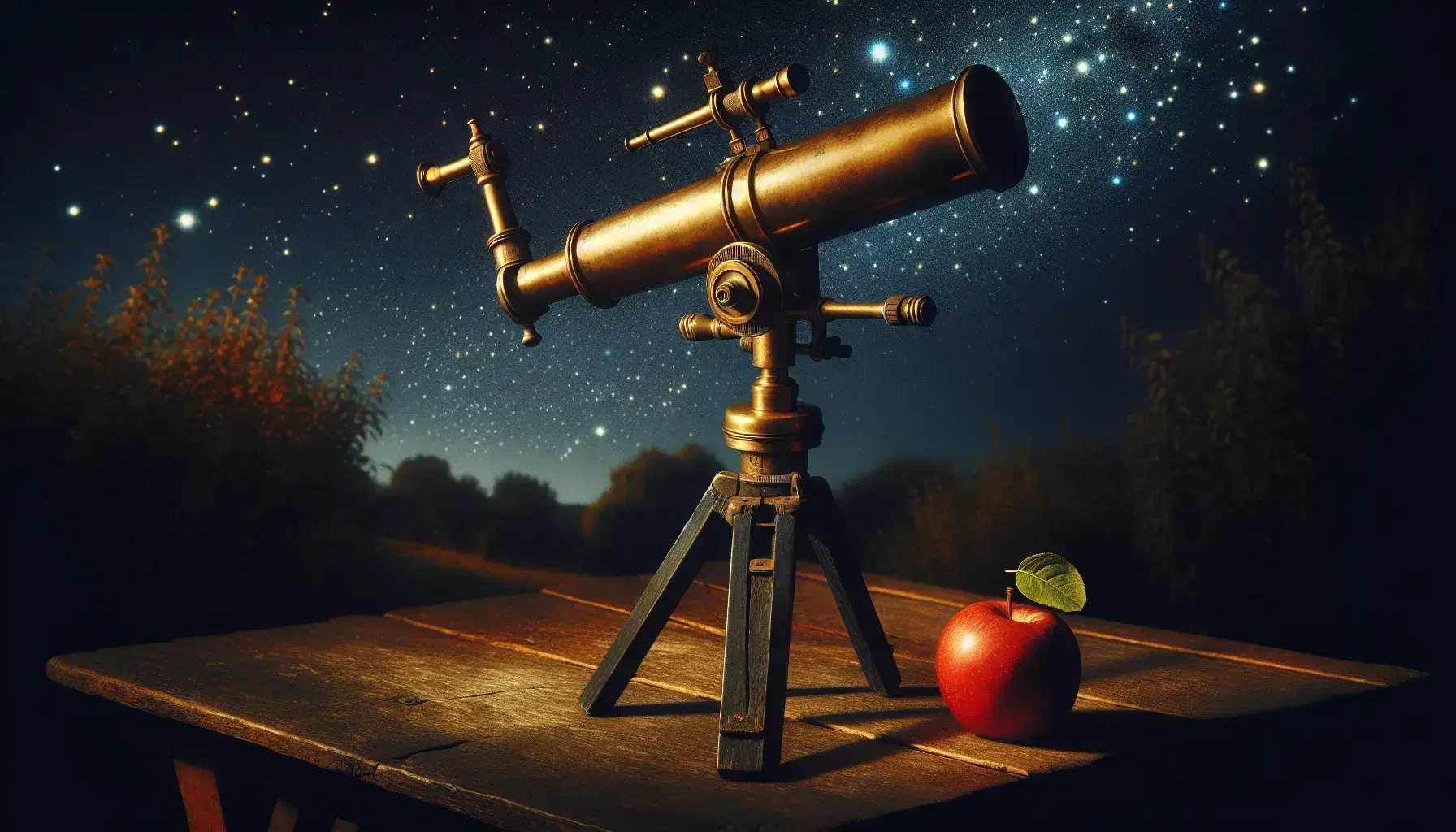 Telescopio antico in ottone su treppiede di legno scuro puntato verso cielo stellato notturno, accanto a mela rossa su tavolo rustico.