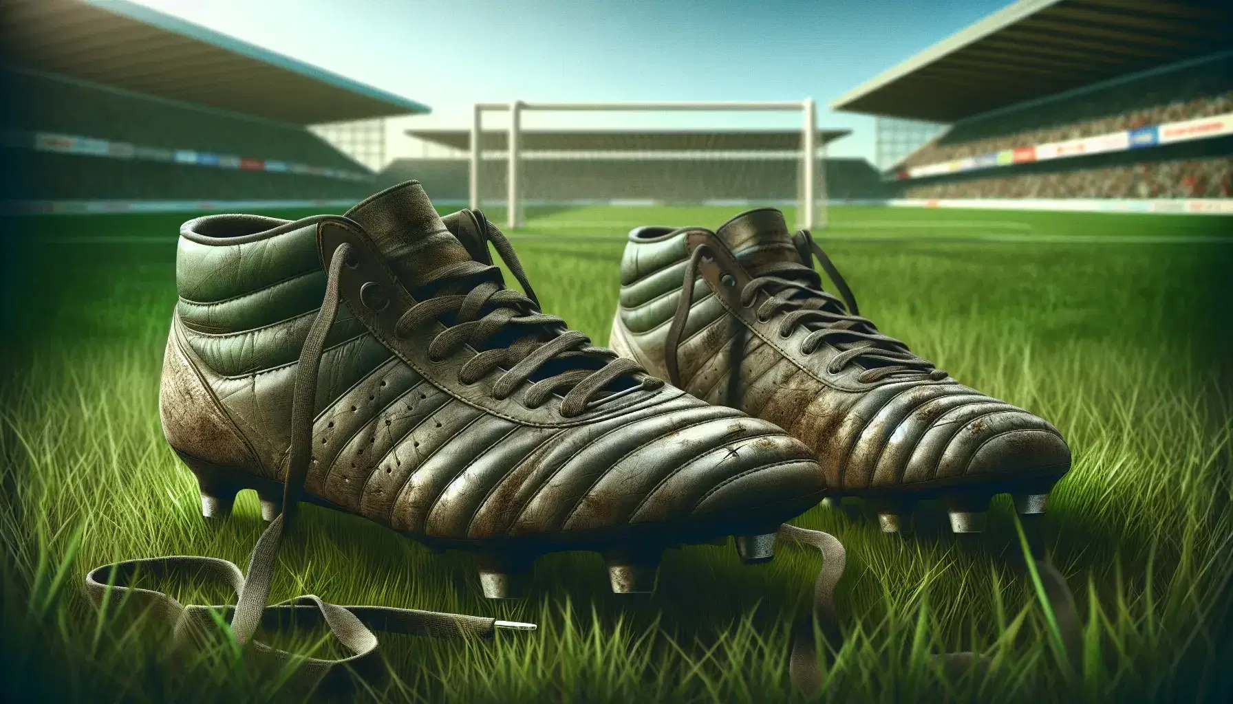 Worn football boots on grass with stadium backdrop, under a gradient sky, indicating frequent use and a passion for the sport.