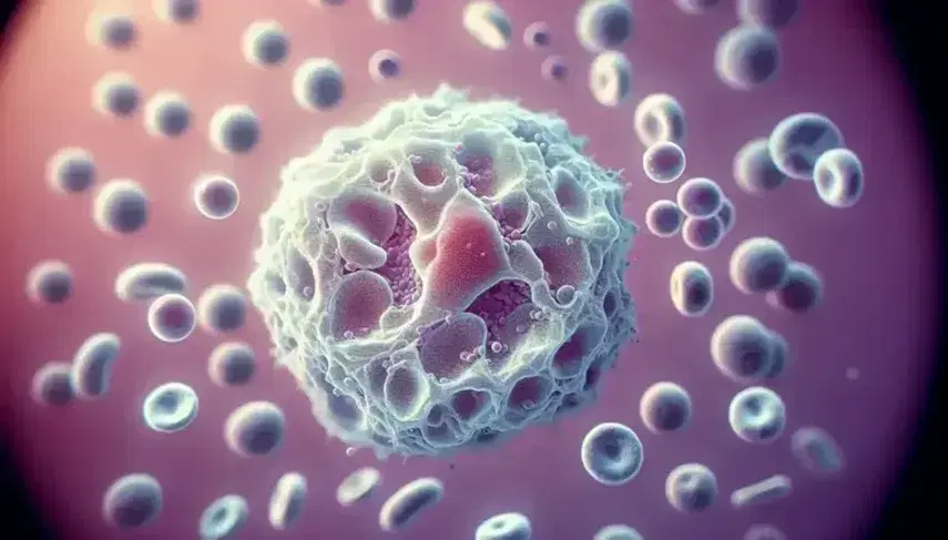 Close-up of a human neutrophil under the microscope, with multilobed nucleus and cytoplasmic granules, surrounded by spherical bacteria.
