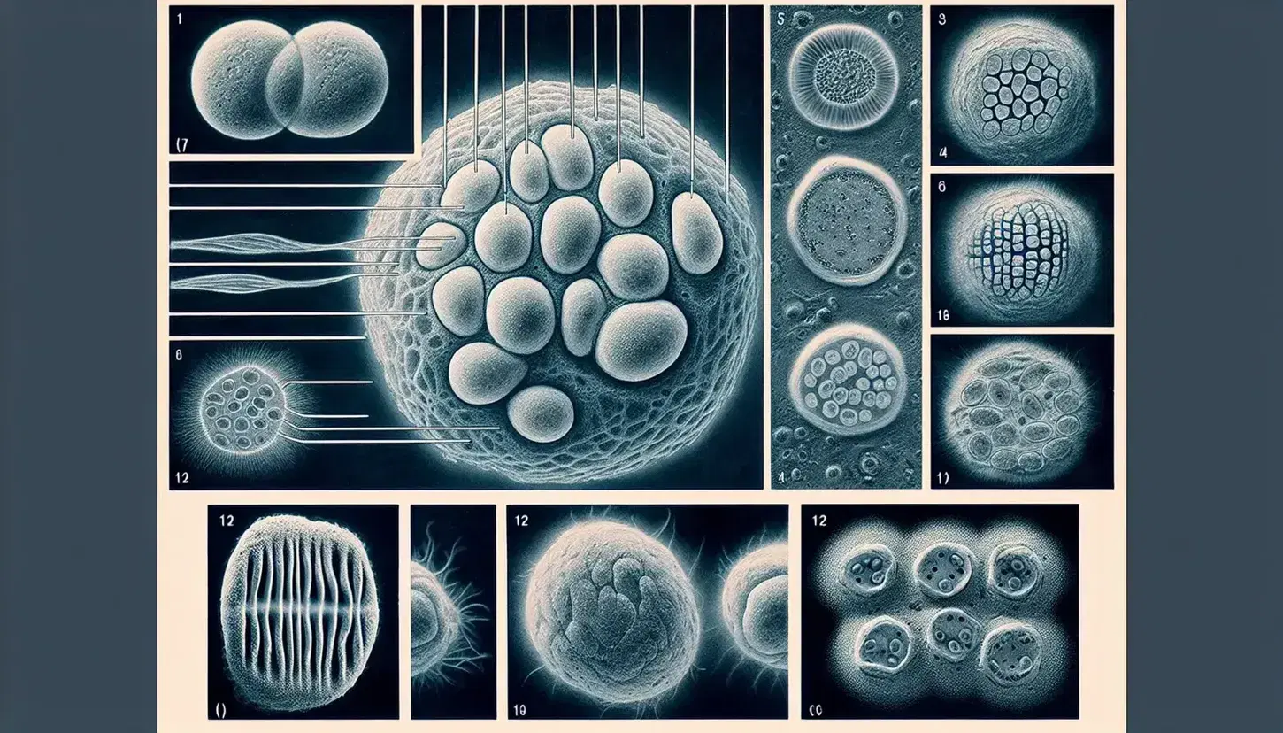 Células en diferentes etapas de mitosis bajo microscopio óptico, destacando prophase, metaphase, anaphase y telophase, rodeadas de células en interphase y meiosis.