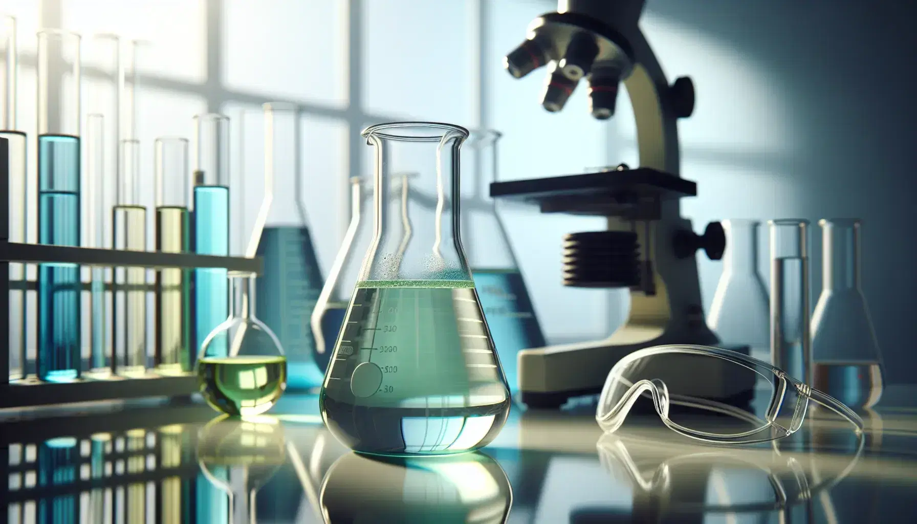 Glass beaker with light green liquid in laboratory, latex gloves and safety glasses on bench, microscope and test tubes on background.