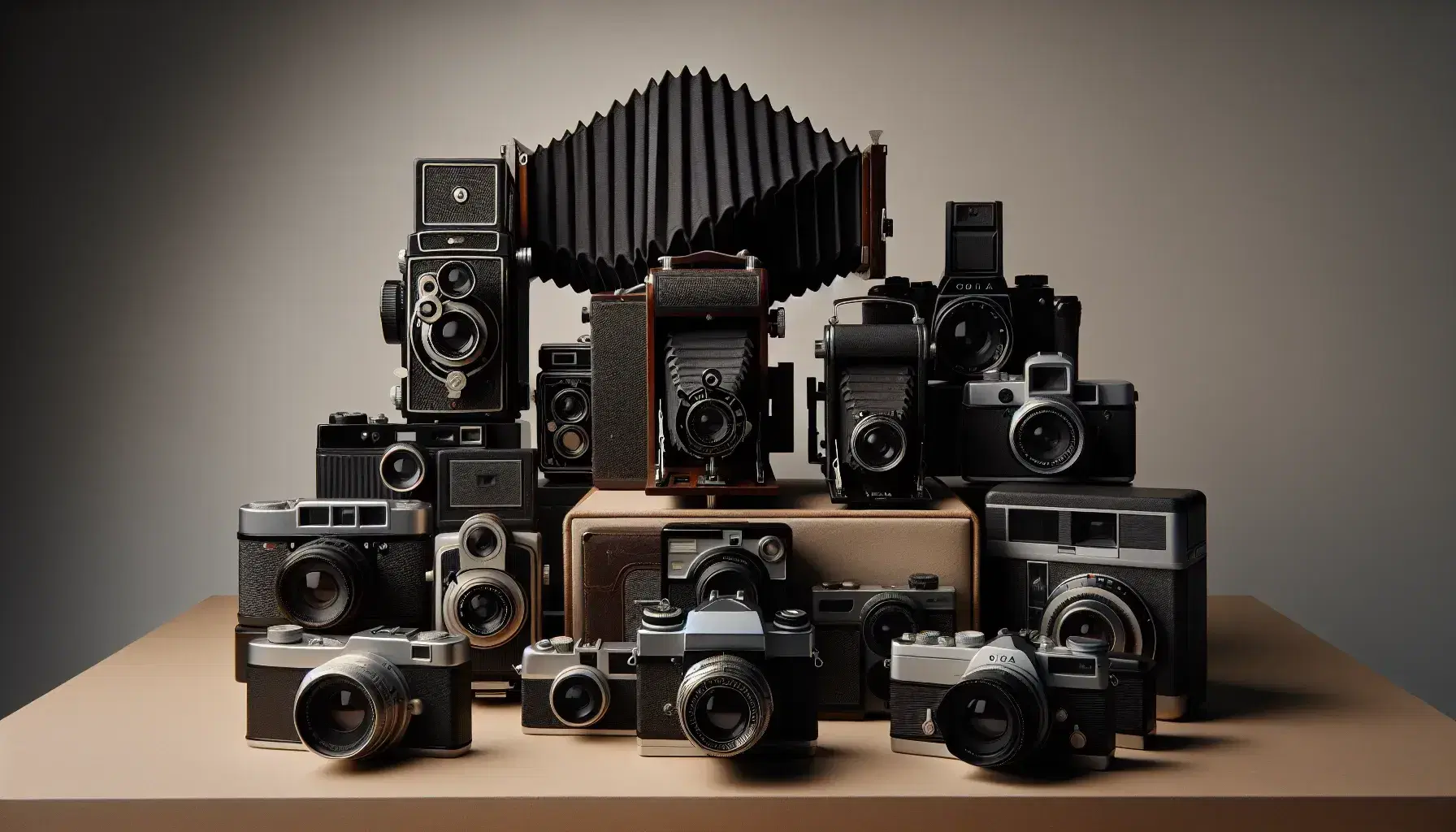 Collezione di macchine fotografiche vintage su sfondo neutro, con fotocamera a soffietto, SLR anni '70, compatta anni '90 e digitali moderne.