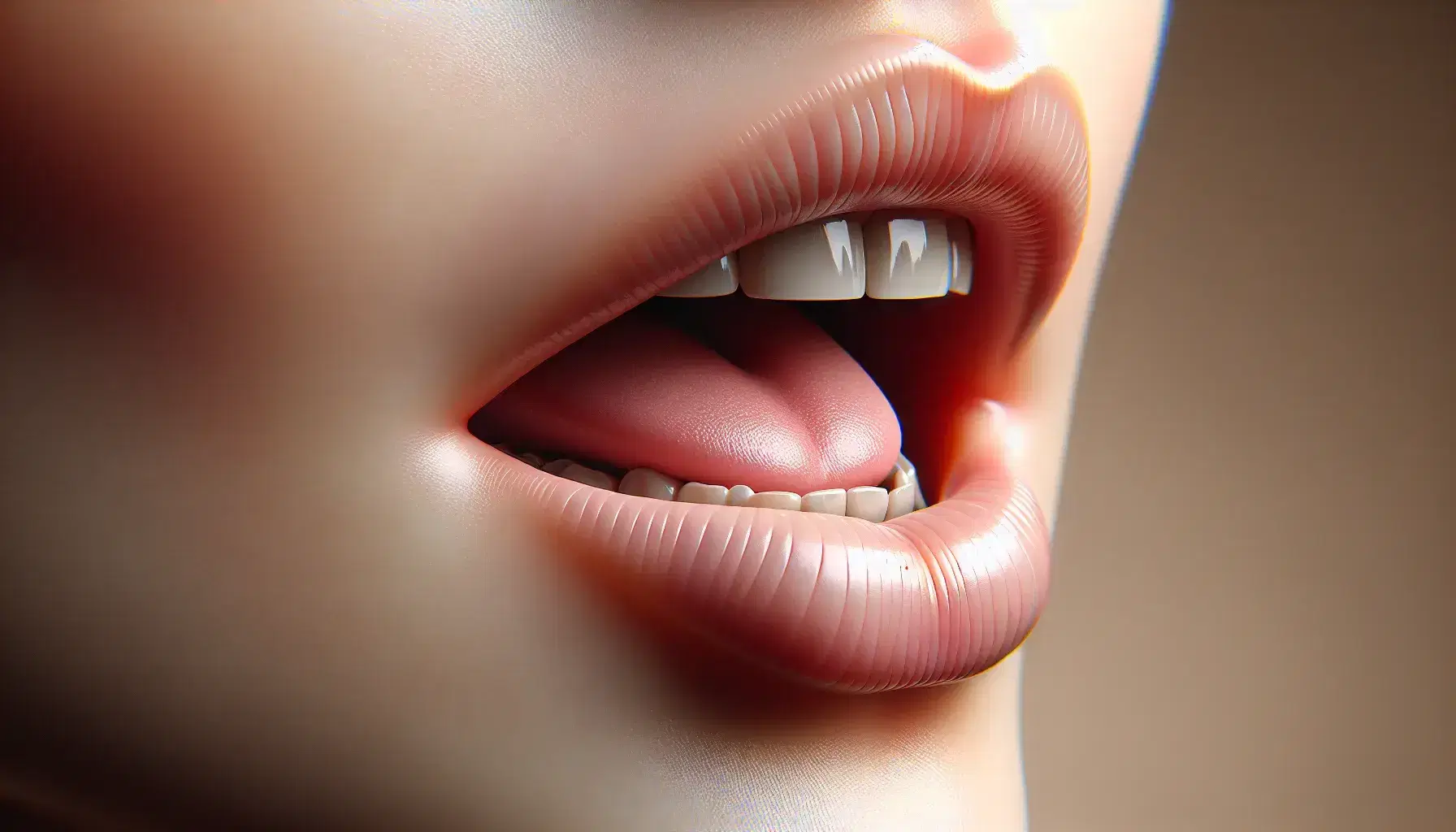 Close-up profile view of a human mouth with slightly parted lips, healthy pink tones, clean white teeth gently visible, and tongue positioned for speech.