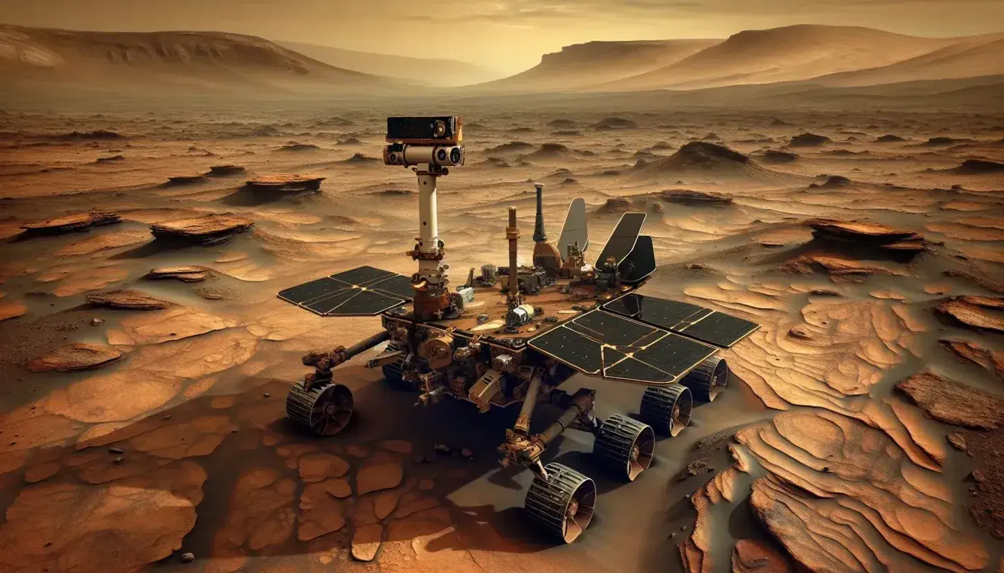 Rover NASA su Marte con pannelli solari, braccio meccanico e telecamere, su terreno roccioso con dune in lontananza sotto cielo arancione.