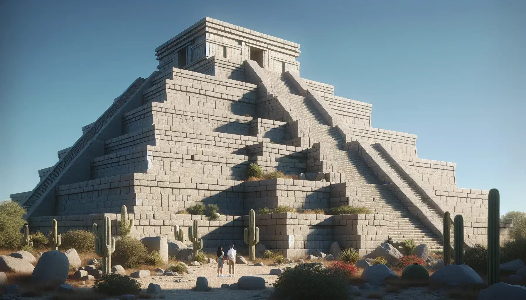 Ruinas de una pirámide de piedra escalonada con escaleras y plataforma superior bajo un cielo azul, rodeada de vegetación y con dos personas al pie observándola.