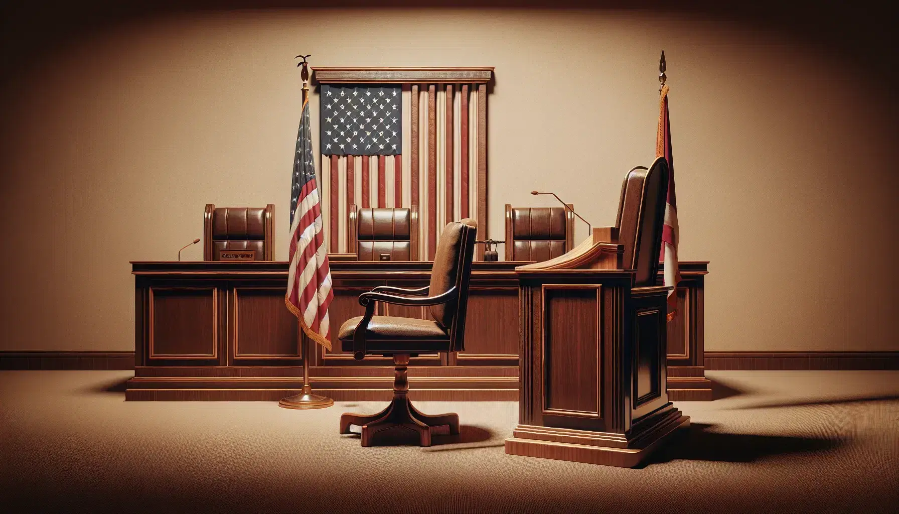 Empty courtroom with judge's bench, witness stand, jury box, and American flag, all in dark wood and under soft lighting, conveying solemnity.