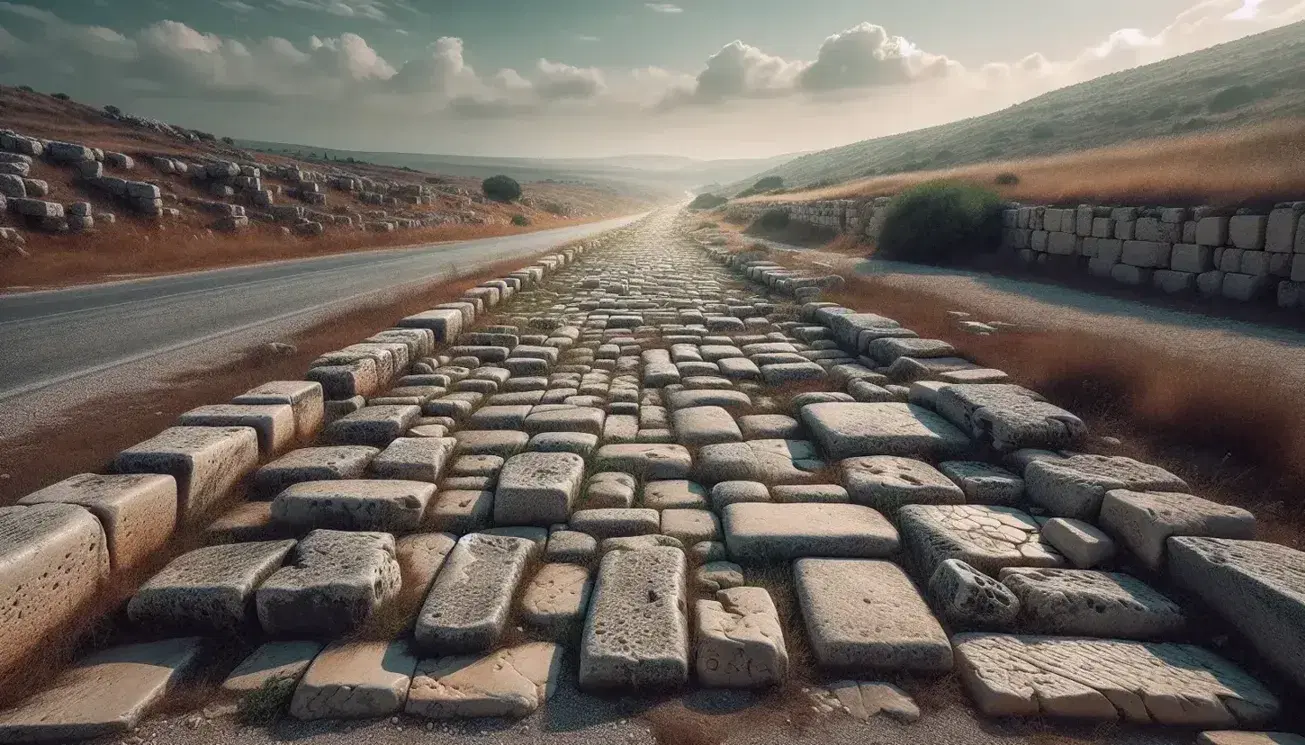 Strada romana antica con blocchi rettangolari in pietra grigia, marciapiedi laterali e paesaggio collinare mediterraneo sotto cielo azzurro.