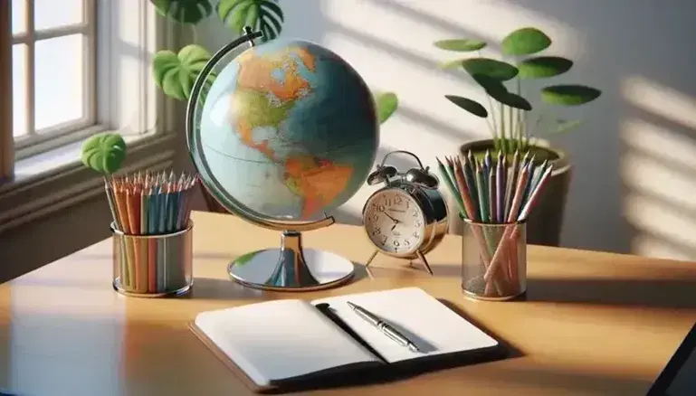 Scrivania in legno chiaro con mappamondo verde e blu, orologio analogico, matite colorate, pianta e quaderno aperto con penna.
