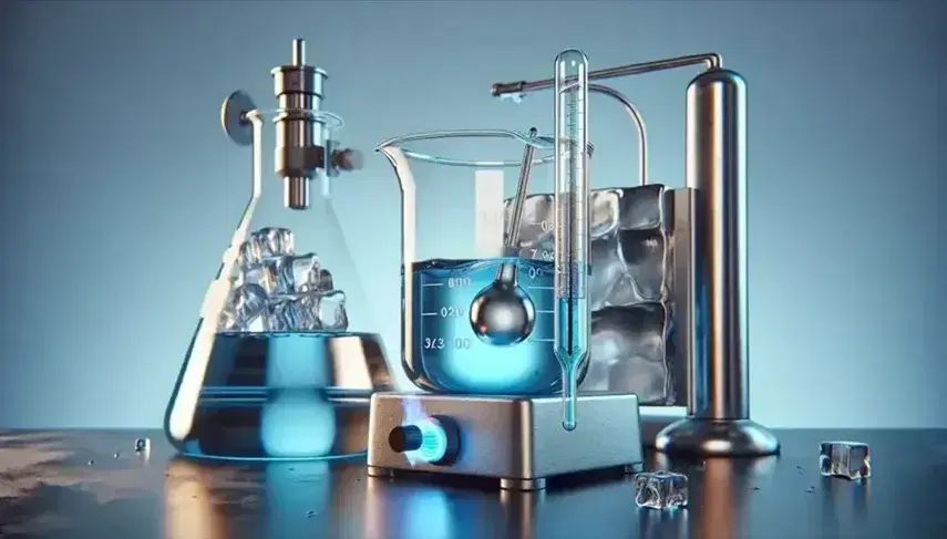 Laboratory with glass beaker on Bunsen burner with blue flame, light blue liquid, immersed thermometer and metal cylinder next to it, block of ice in the background.