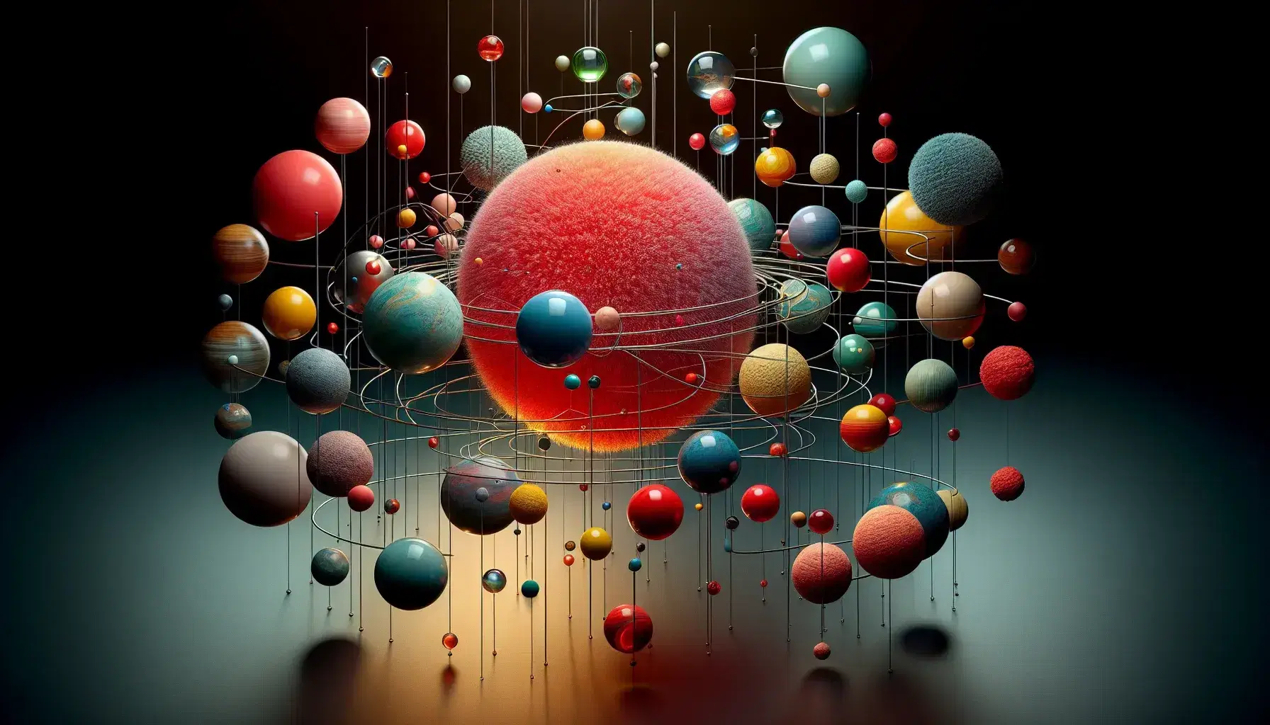 Esfera roja central rodeada de esferas menores en azul, verde y amarillo, simulando un sistema planetario en 3D contra fondo negro.