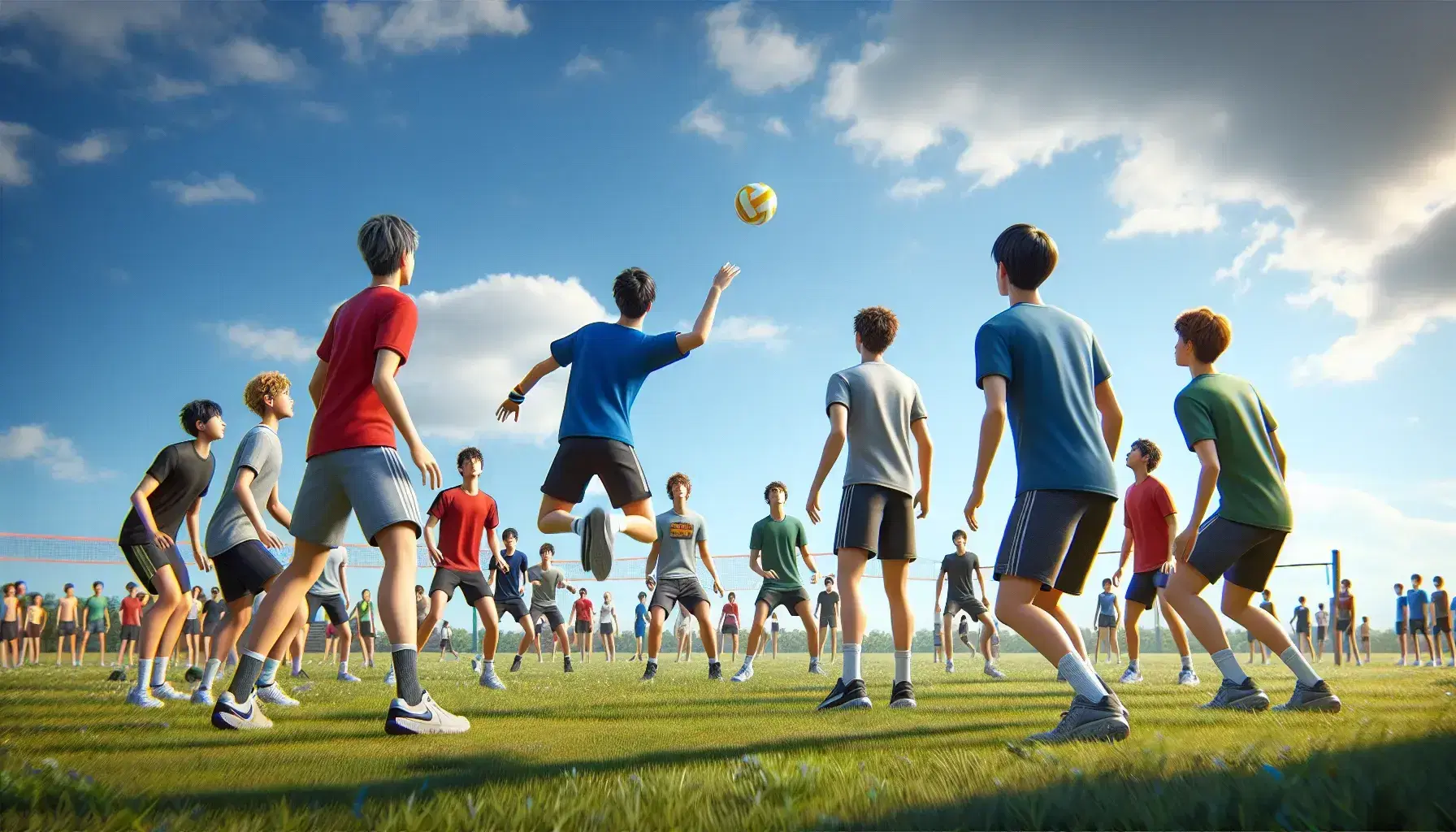 Estudiantes jugando vóleibol en campo de hierba con cielo azul, uno salta para golpear el balón, profesor observa la actividad.
