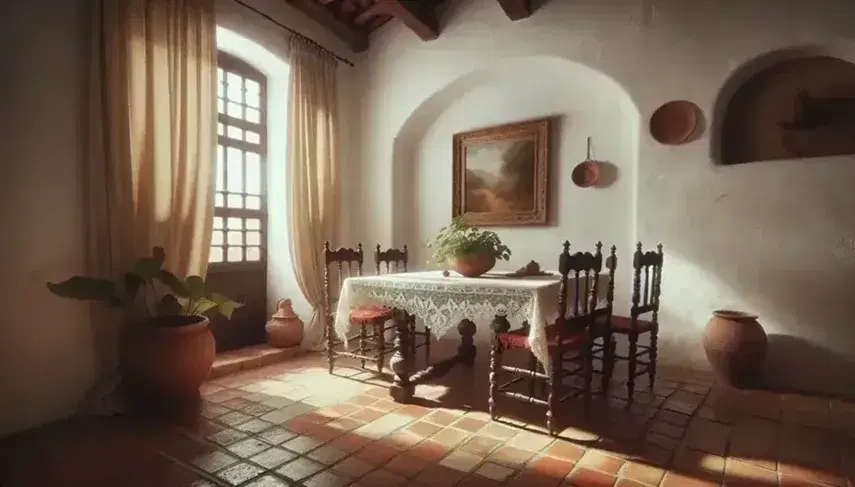 Habitación al estilo español antiguo con paredes blancas, suelo de baldosas de barro y mesa de madera oscura con mantel de encaje blanco, sillas a juego y maceta con planta verde.
