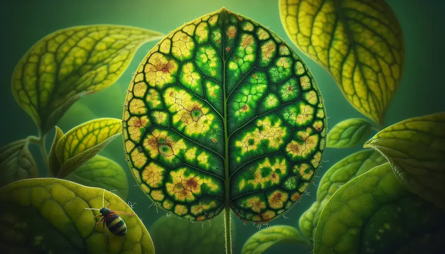 Close-up of a leaf with mosaic discoloration, healthy green areas mixed with yellow patches, and a small aphid on the stem.