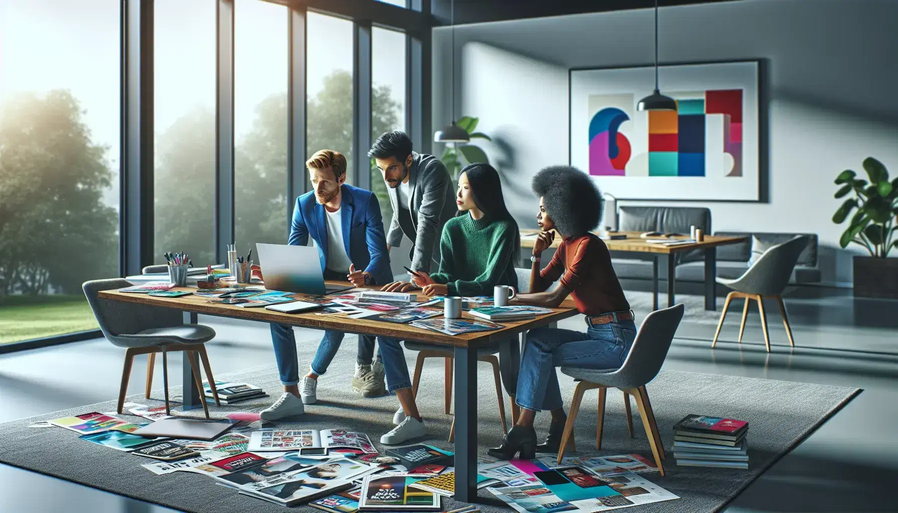 Diverse marketing team collaborates in a modern office, discussing over a table with brochures, digital devices, and a bright window backdrop.