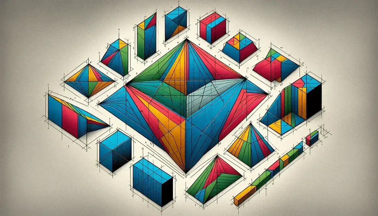Collezione di parallelogrammi colorati su sfondo neutro, con forme geometriche precise e lati paralleli, disposti in modo sovrapposto.