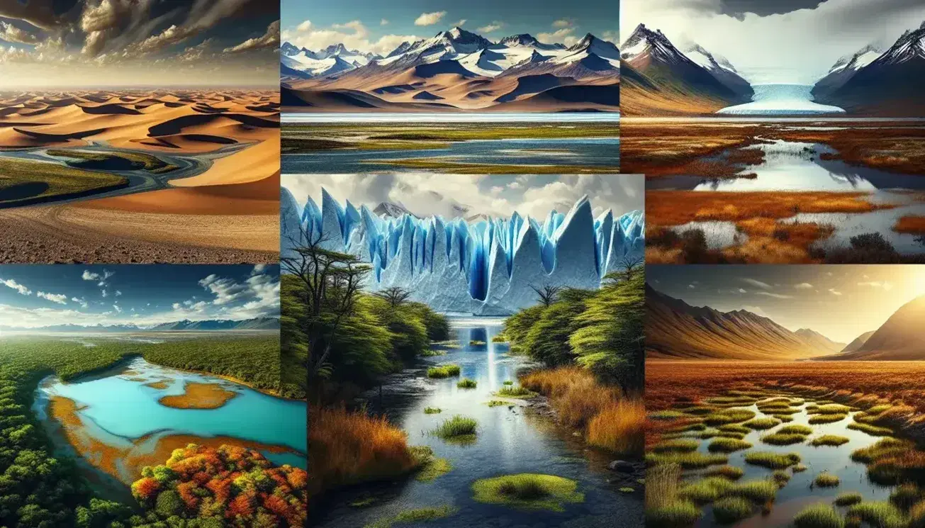 Panorama de la diversidad climática en Argentina con estepa patagónica, glaciar andino, selva de Yungas y humedales del Litoral.