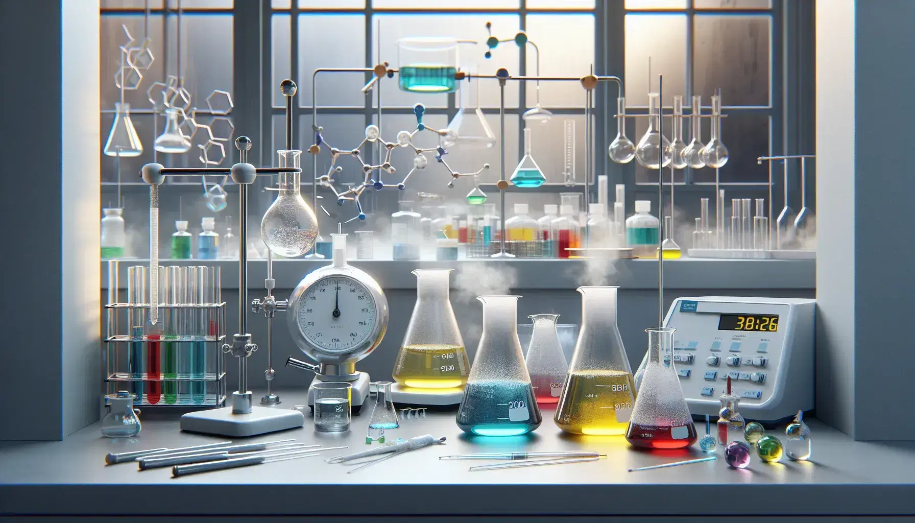 Laboratorio de química con mesada gris y frascos Erlenmeyer con líquidos de colores, pipetas, balanza analítica y persona con bata manipulando un frasco.