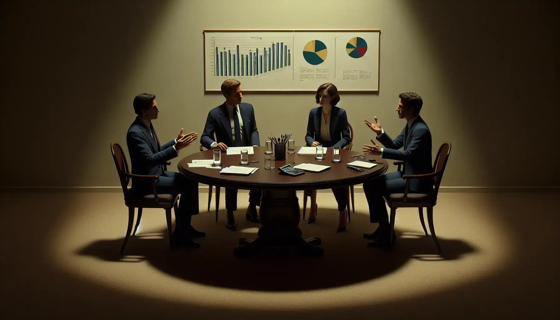 Riunione di lavoro con tre professionisti in abito formale attorno a un tavolo rotondo con grafici, calcolatrice e acqua.