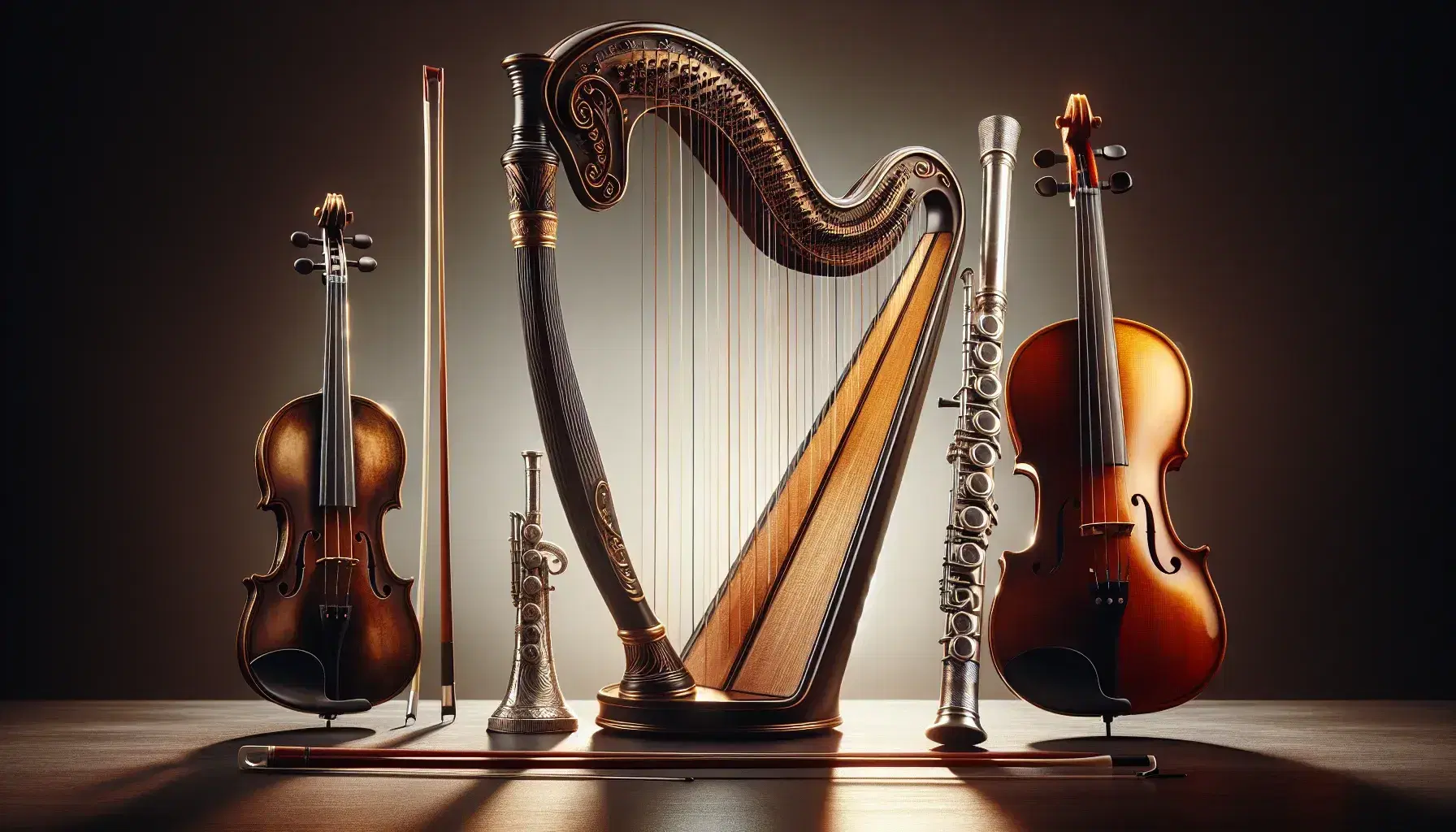 Arpa classica dorata, flauto traverso metallico e violino con archetto su sfondo neutro, strumenti musicali antichi e moderni.
