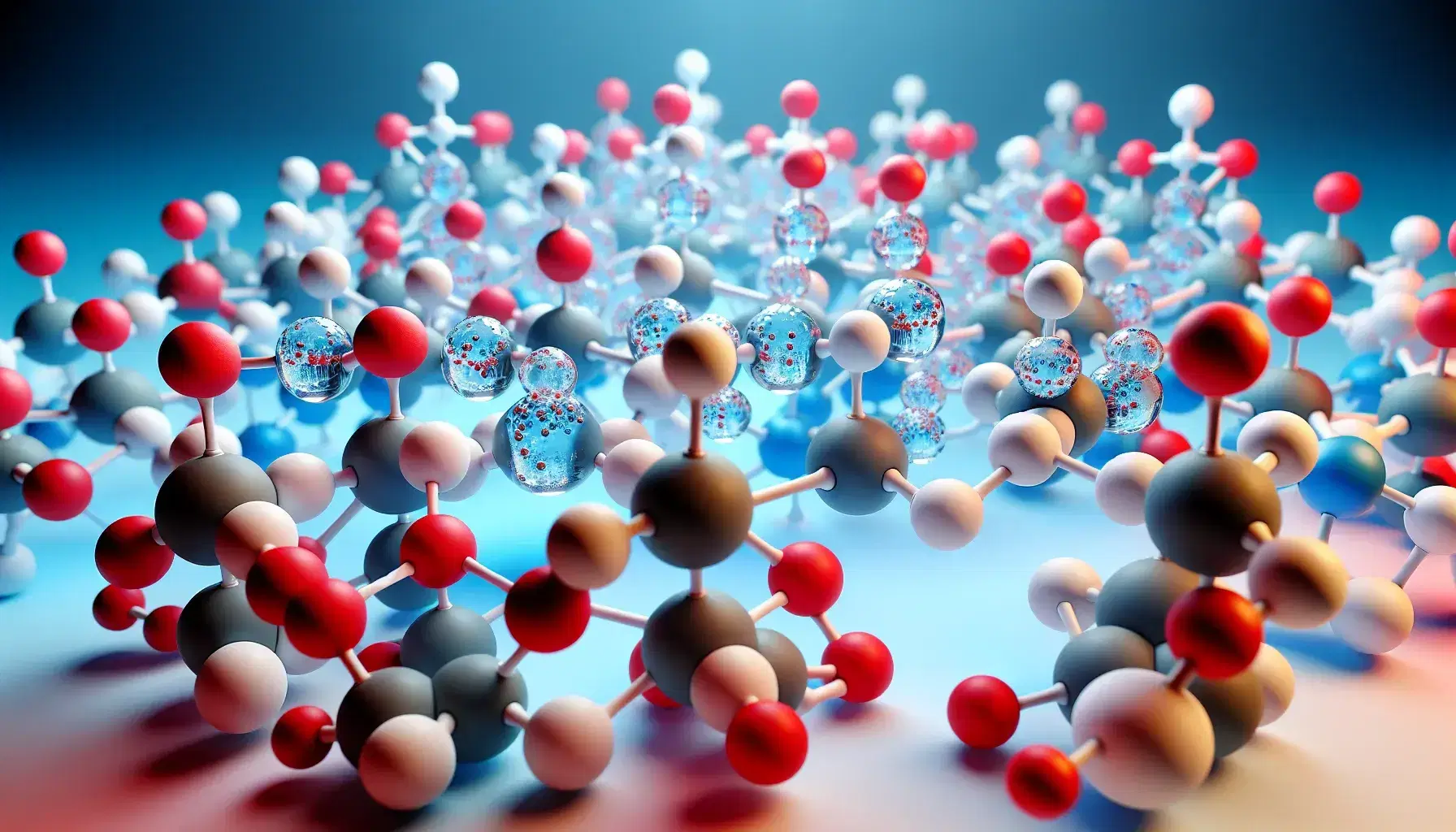 Estructura tridimensional de moléculas de agua con esferas rojas para oxígeno y blancas para hidrógeno, mostrando enlaces en fondo azul claro.