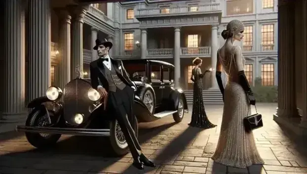 Auto d'epoca lussuosa anni '20 parcheggiata davanti a villa neoclassica, uomo in smoking e donna in abito da sera elegante.