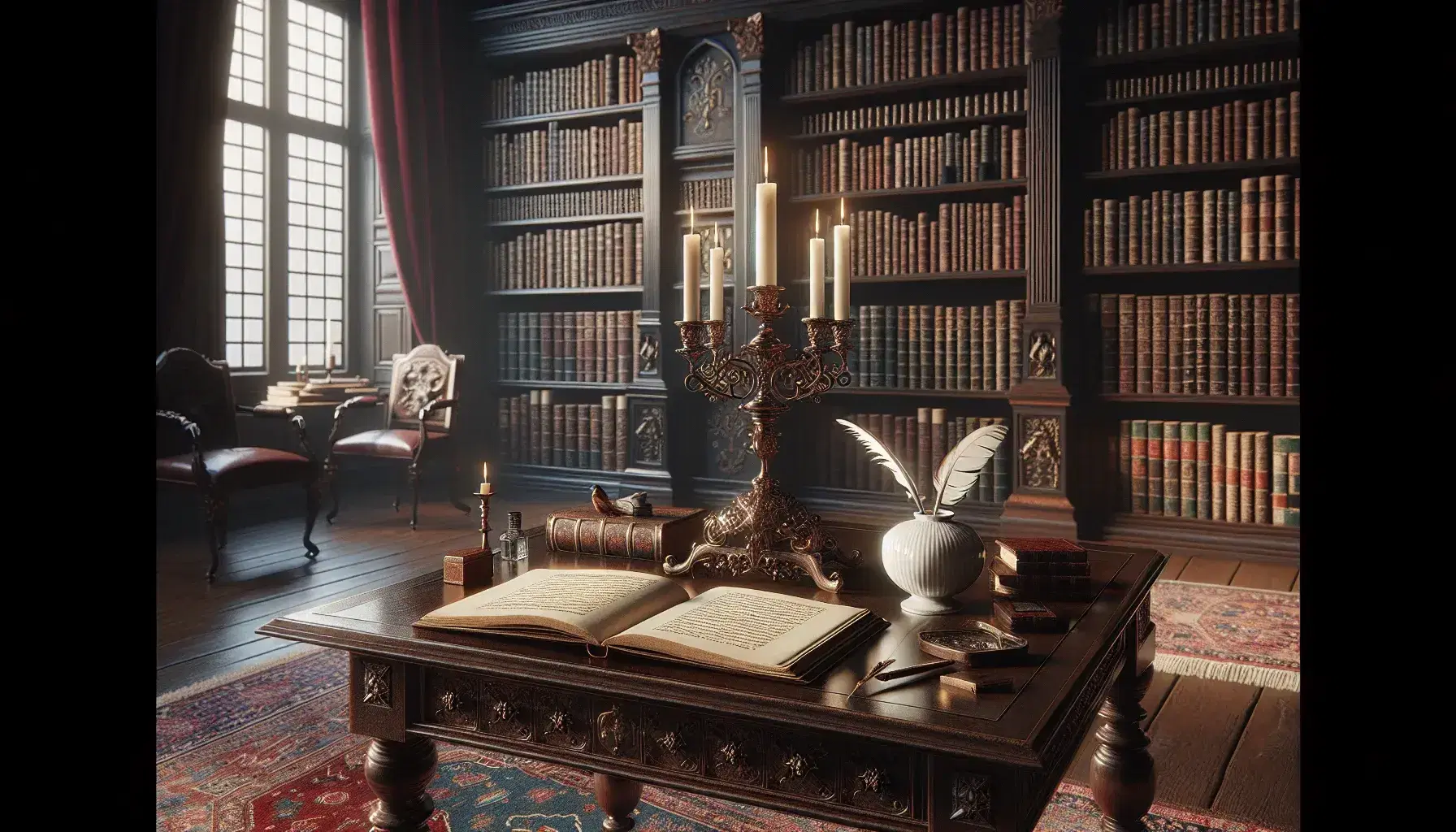 Biblioteca antigua con estanterías de madera oscura llenas de libros, mesa central con candelabro de bronce y tintero, alfombra persa y cortinas de terciopelo rojo.