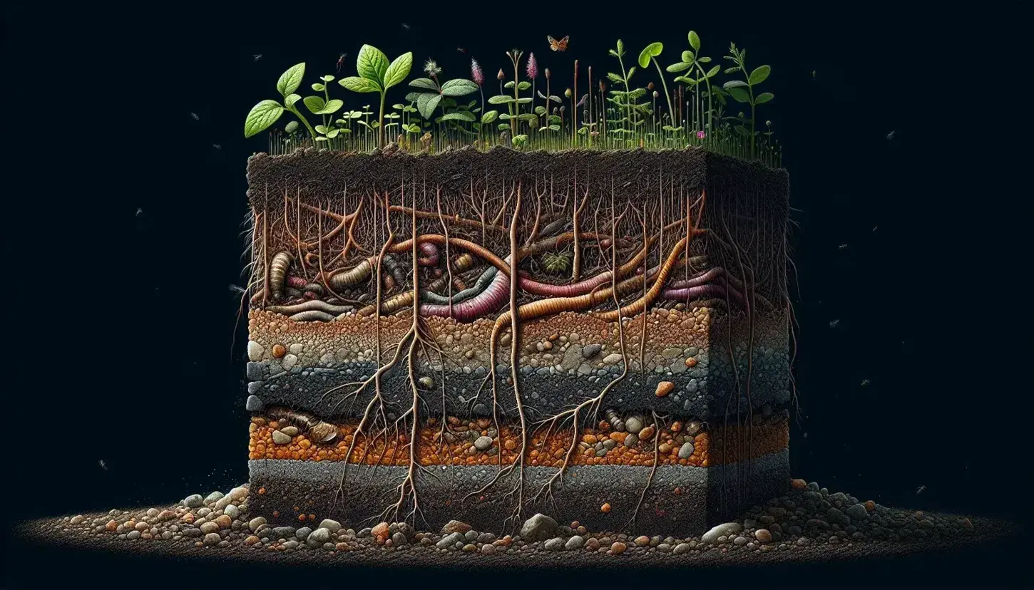 Sezione trasversale del terreno che mostra strati con humus, radici, insetti e lombrichi, evidenziando la biodiversità e la struttura del suolo.