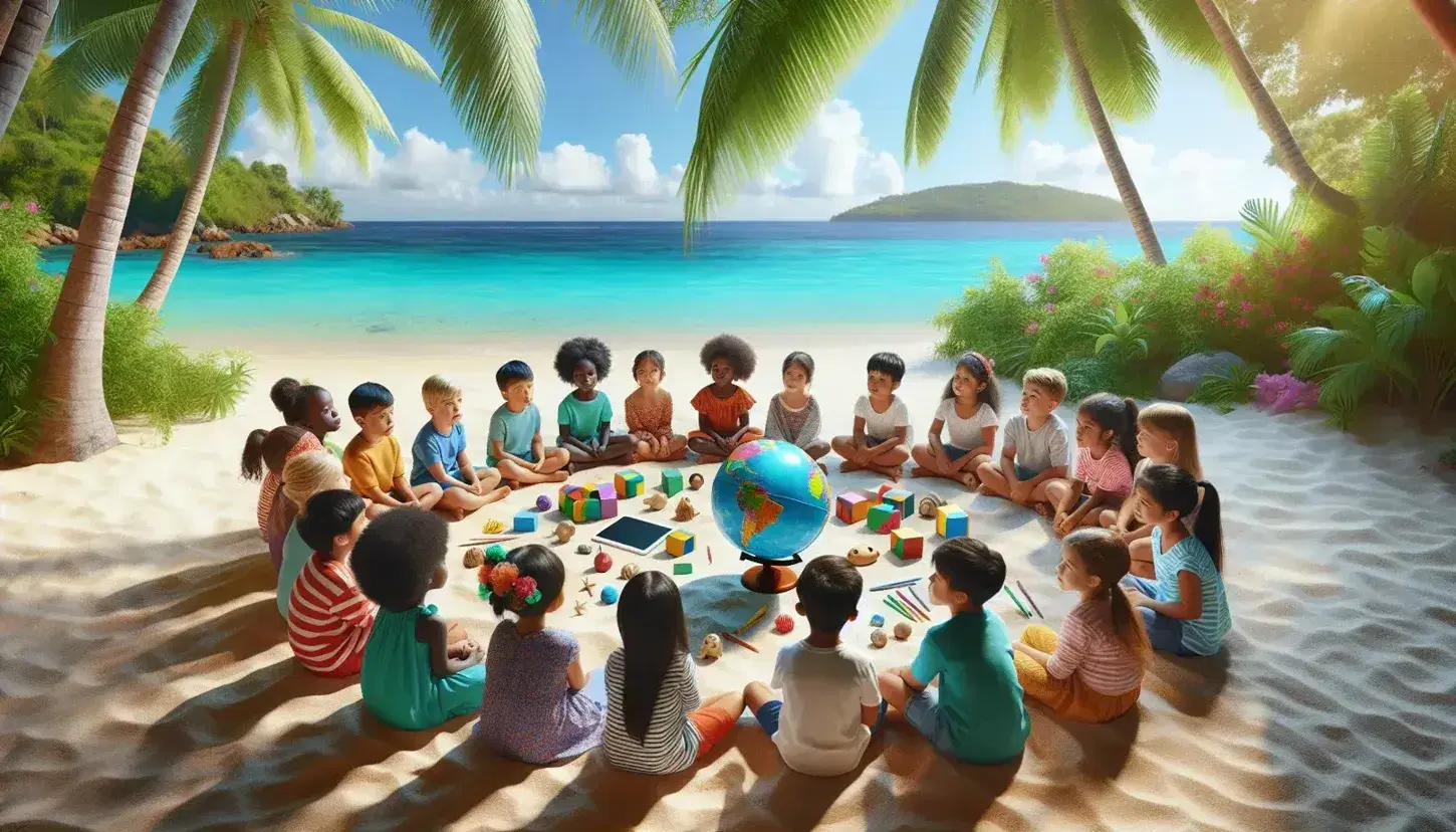 Niños de diversas etnias sentados en círculo en una playa, escuchando atentos, rodeados de juguetes educativos, bajo palmeras con el mar de fondo.
