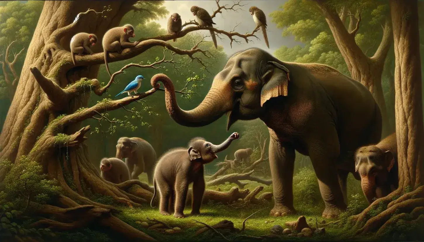 Elephants in a forest clearing, with an adult teaching a young one to use its trunk, while monkeys crack nuts and a bird forages with a twig.