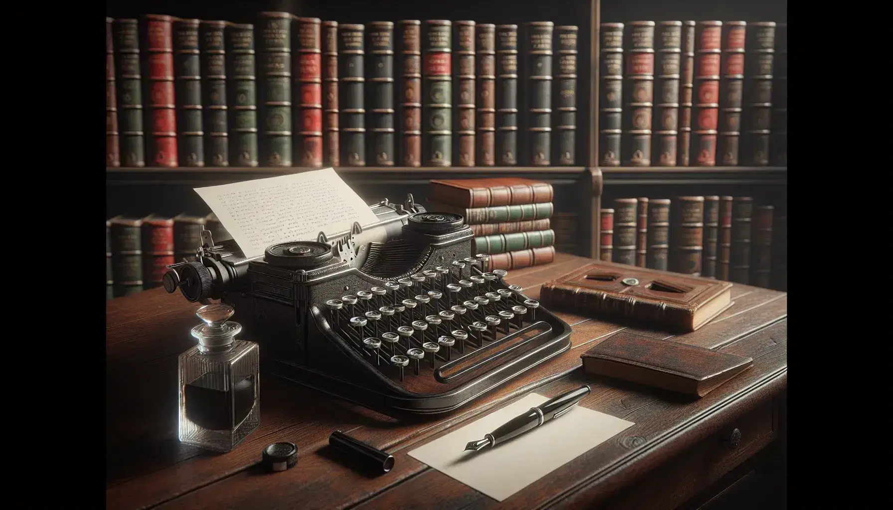 Macchina da scrivere vintage su tavolo in legno con penna stilografica, calamaio e libri antichi sfocati sullo sfondo.