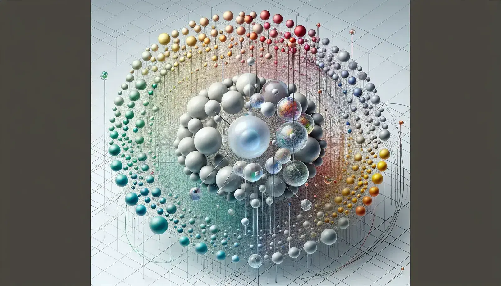 Esferas de colores en red tridimensional con esfera central azul claro y conexiones grises, representando estructura organizada y compleja.