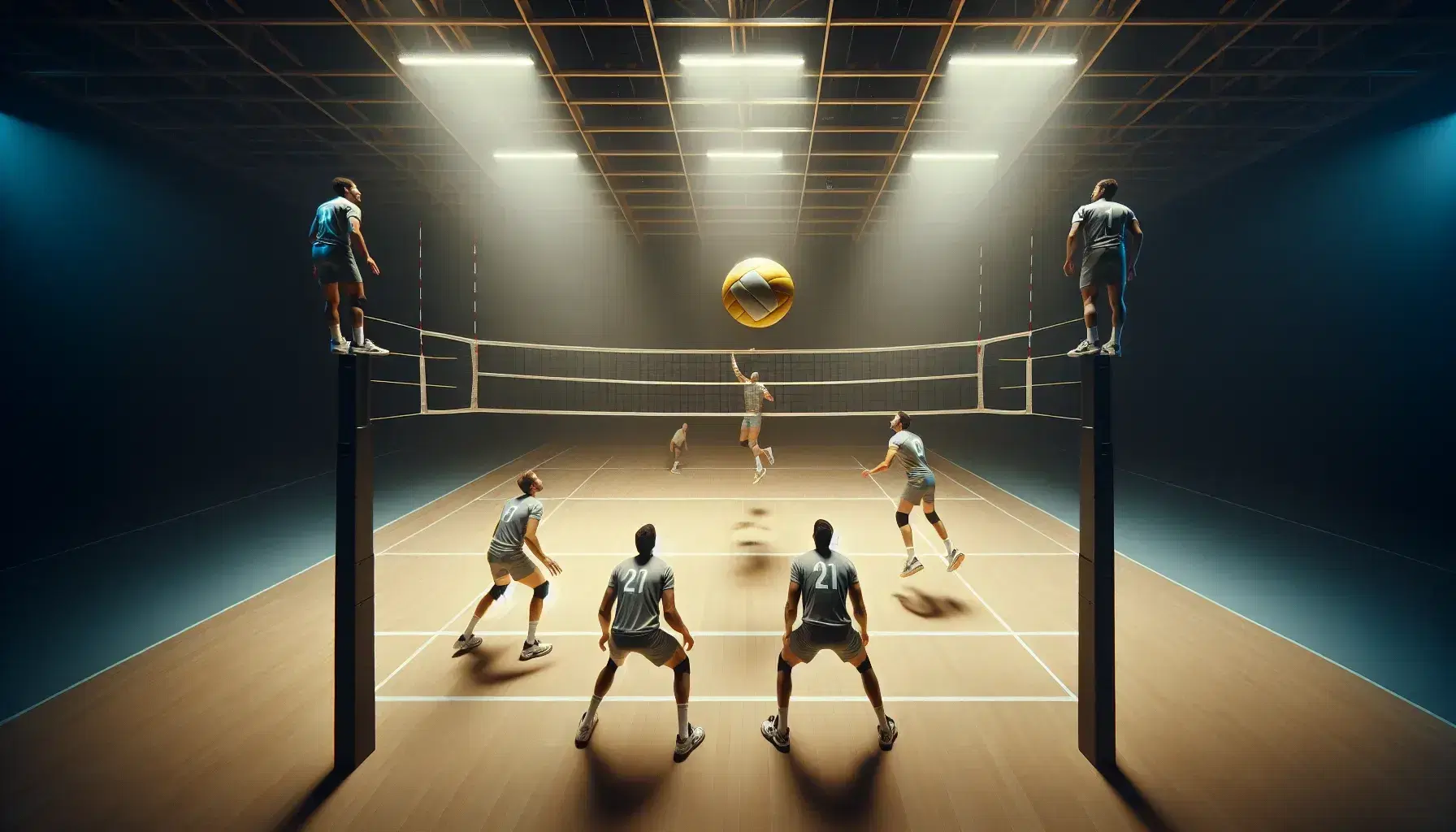 Pallavolo indoor con pallone giallo in volo sopra la rete, giocatori in attesa e arbitro attento in una palestra illuminata.