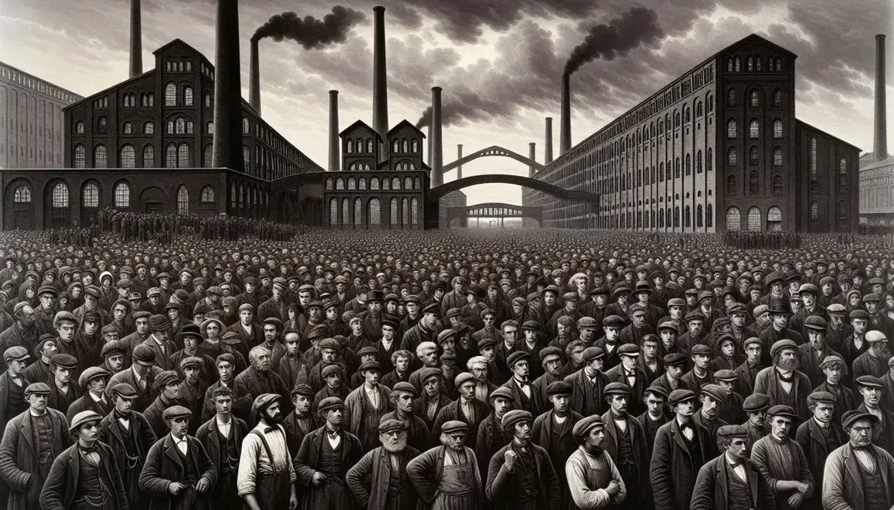 Folla di operai dell'800 in abiti funzionali davanti a fabbrica fumante, alcuni con pugno alzato, sotto cielo nuvoloso.