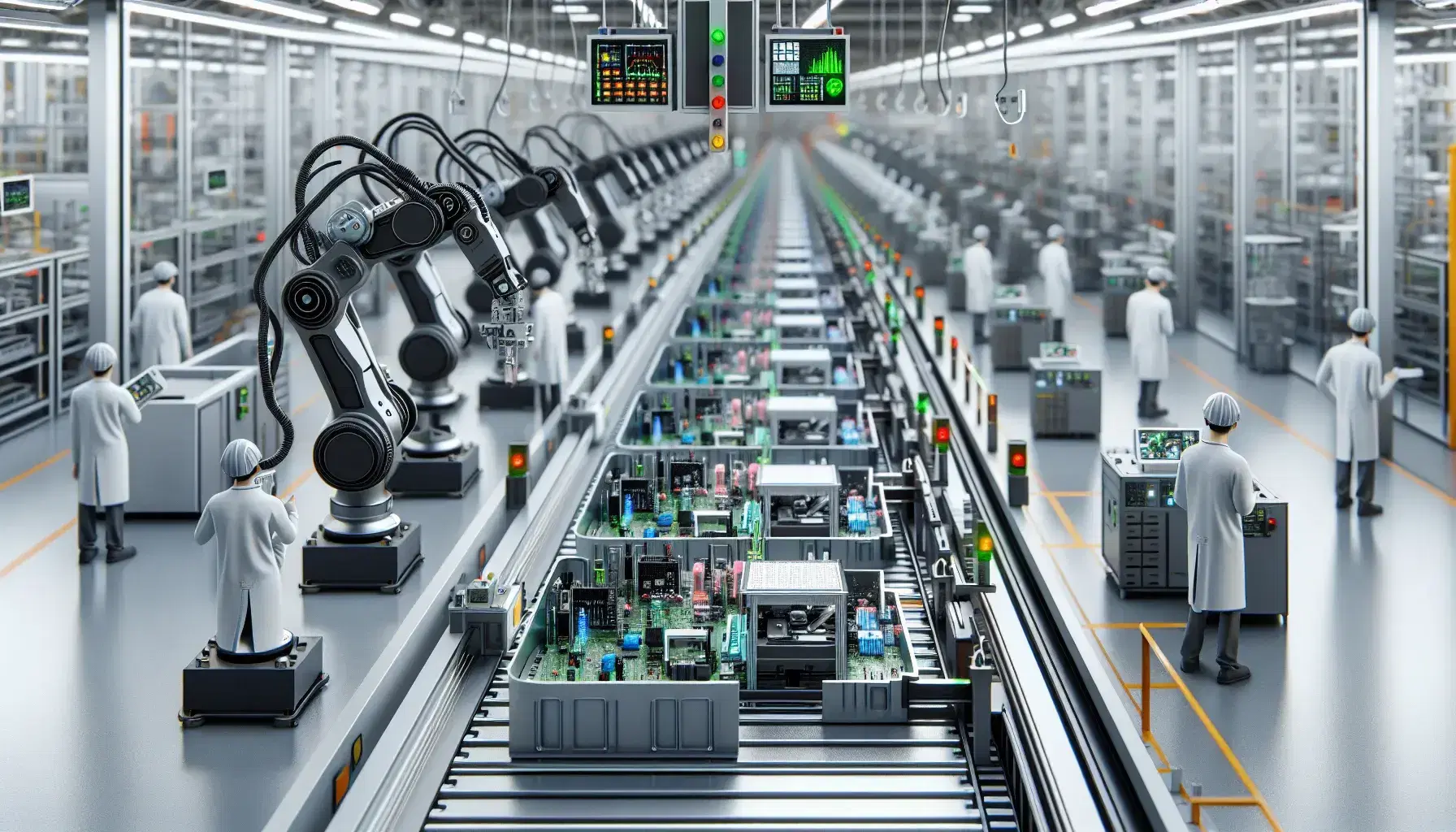 Línea de montaje automatizada en fábrica con brazos robóticos ensamblando productos electrónicos, trabajadores supervisando y luces fluorescentes.