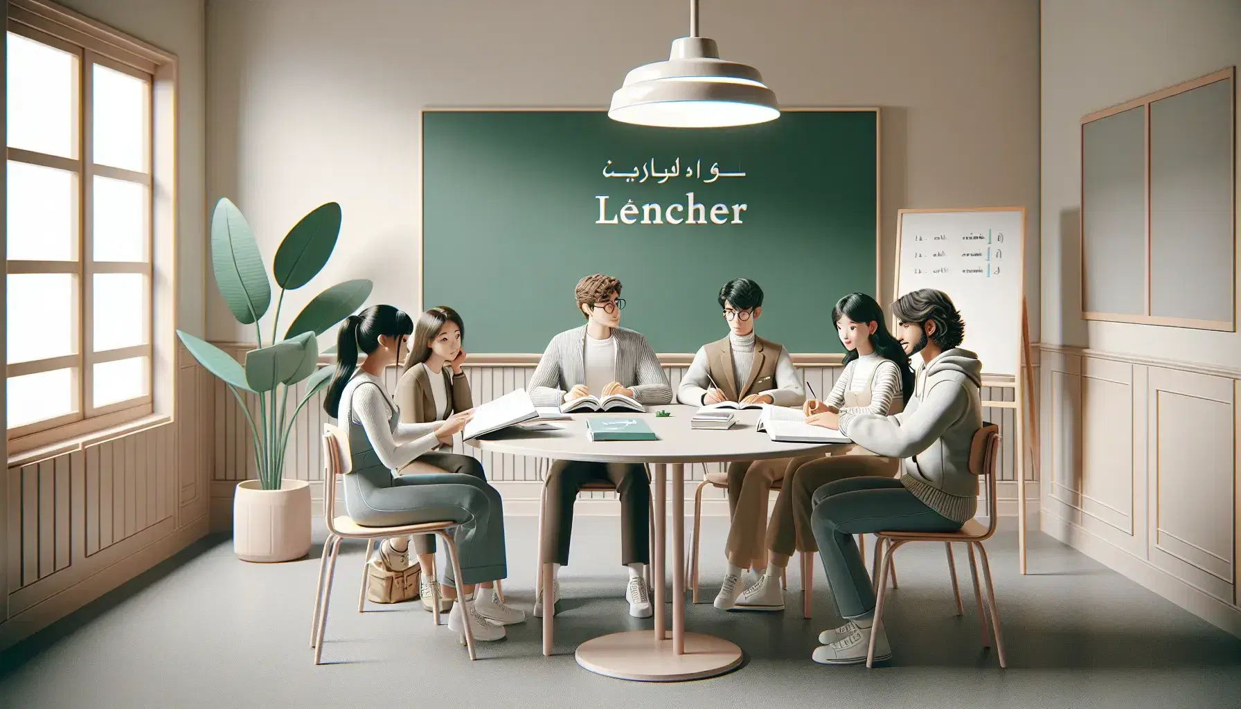 Diverse students engage in French language discussion at a round table with textbooks, in a classroom with a green chalkboard and potted plant.