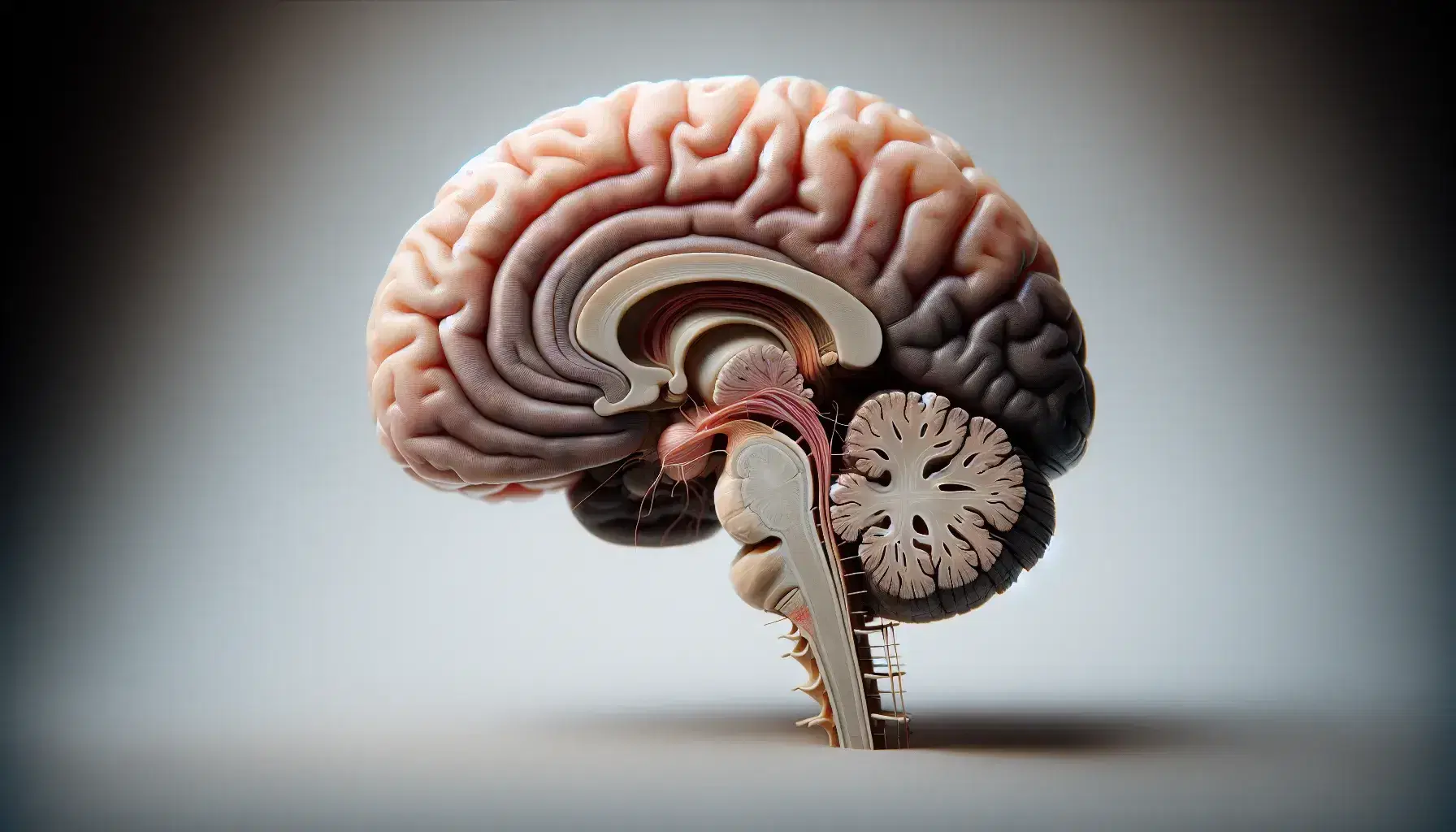Vista lateral del cerebro humano mostrando el tronco encefálico y el cerebelo, con tonos grises y rosas en fondo neutro.
