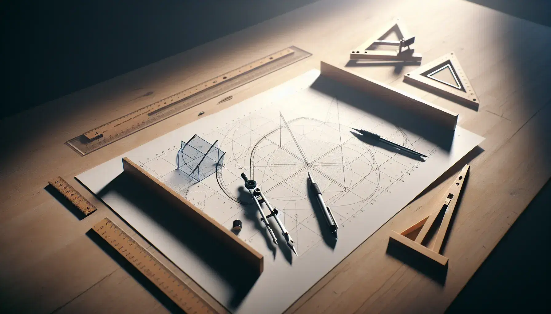 Mesa de trabajo de madera clara con instrumentos de dibujo técnico, papel con figuras geométricas, compás metálico, escuadras transparentes y regla T.